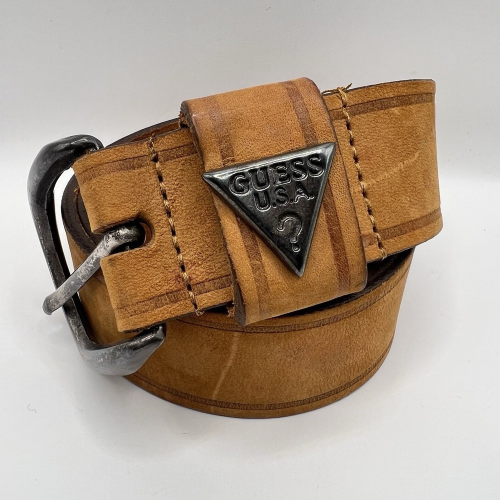 VTG USA Made Guess Distressed Leather Belt Triangle Metal Logo Small Tan/Brown